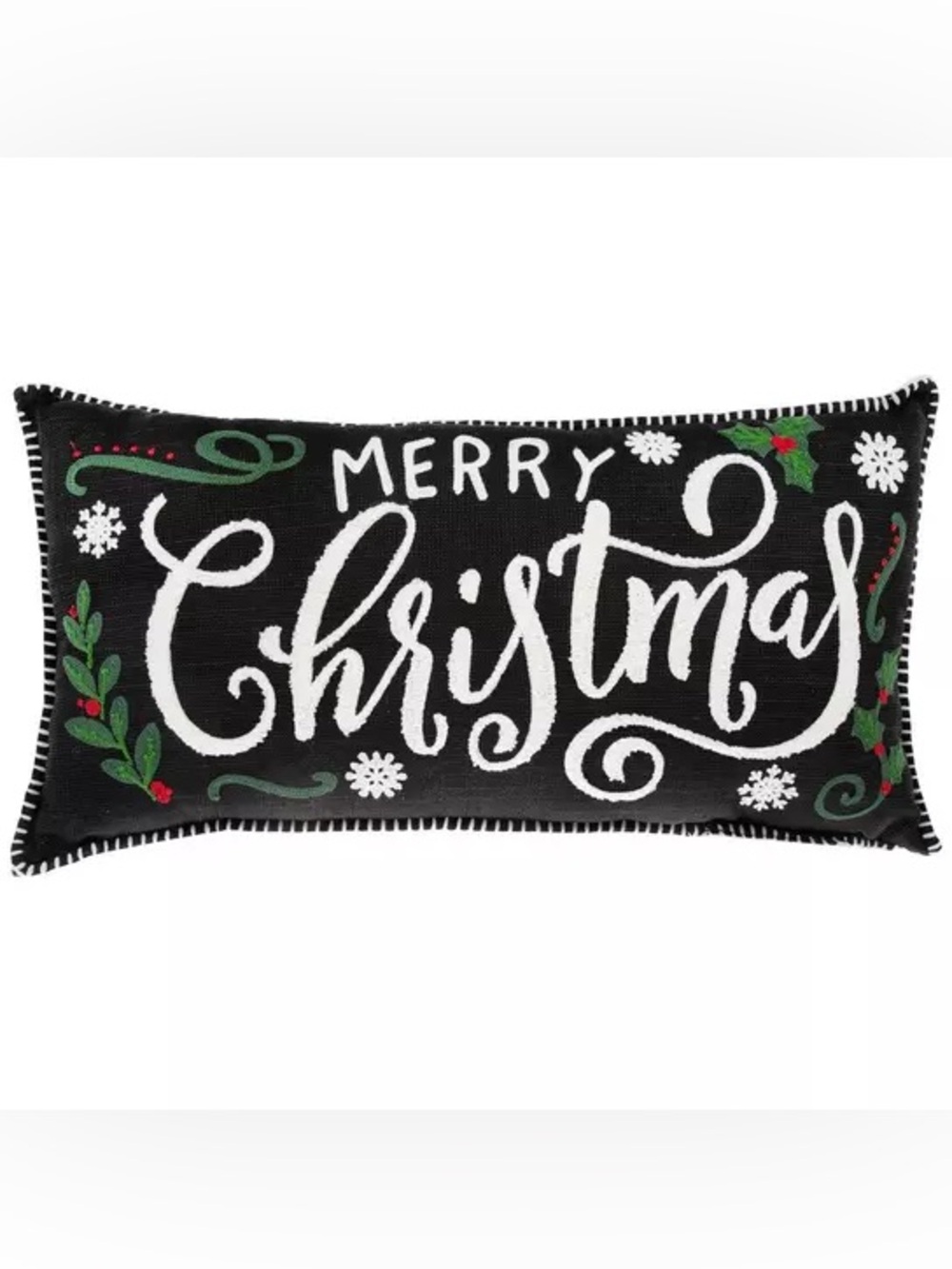Black & White Embroidered Merry Christmas Pillow